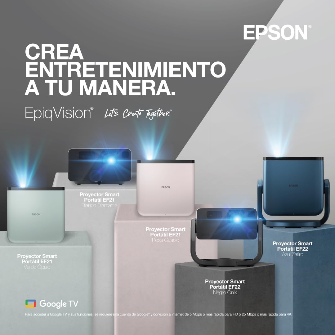 Epson EpiqVision Mini EF21 Proyector láser Inteligente portátil, 1000 lúmenes, FHD 1080p HDR, 3 Chips 3LCD, Google TV, Netflix, Altavoces estéreo, Cine en casa, Color Verde