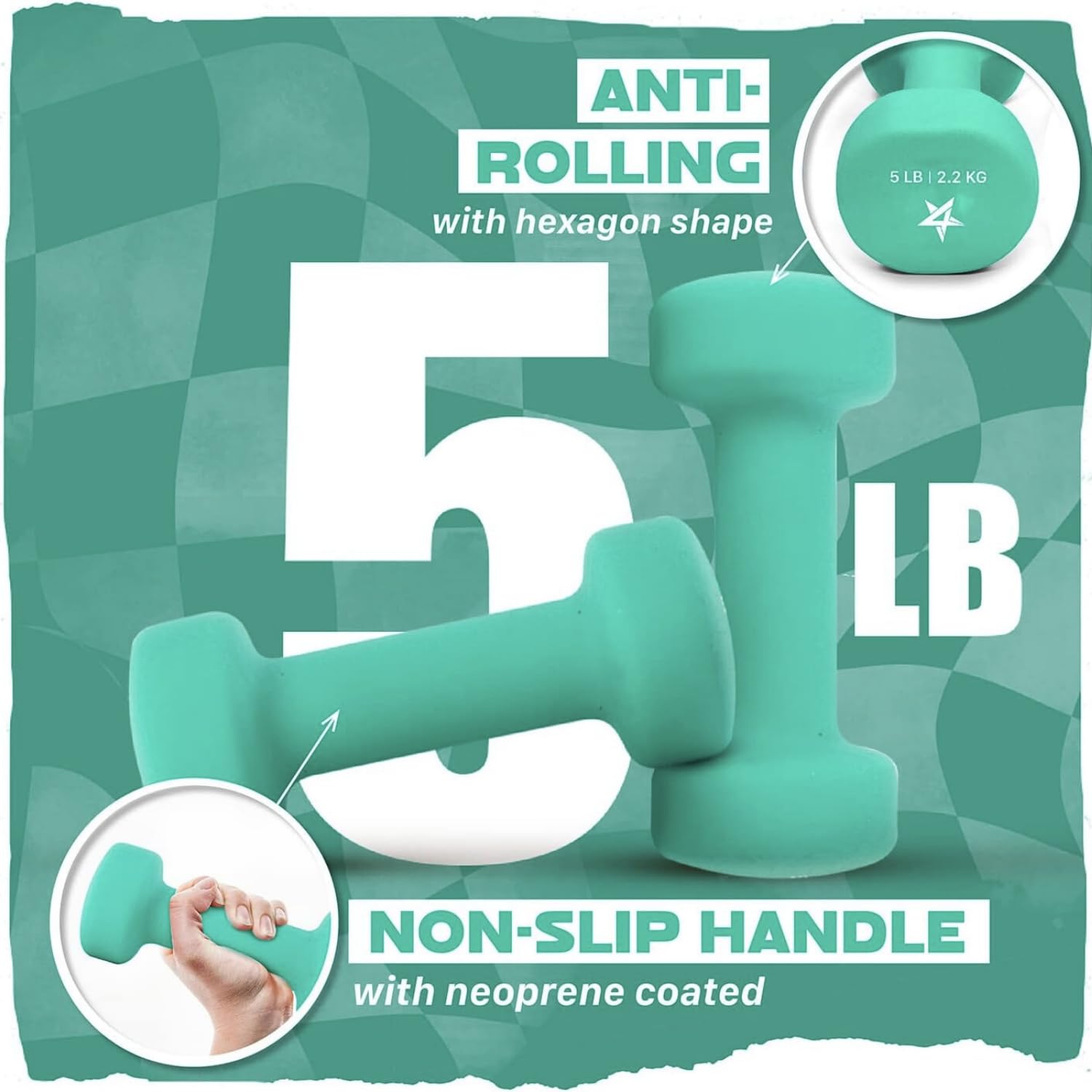Yes4All Mancuernas de Pesas para Ejercicio en Casa - Set de 2 con Recubrimiento de Neopreno Antideslizante y Anti-Rodadura - Disponibles en 15 Colores y Varias Opciones de Peso (5lbs)