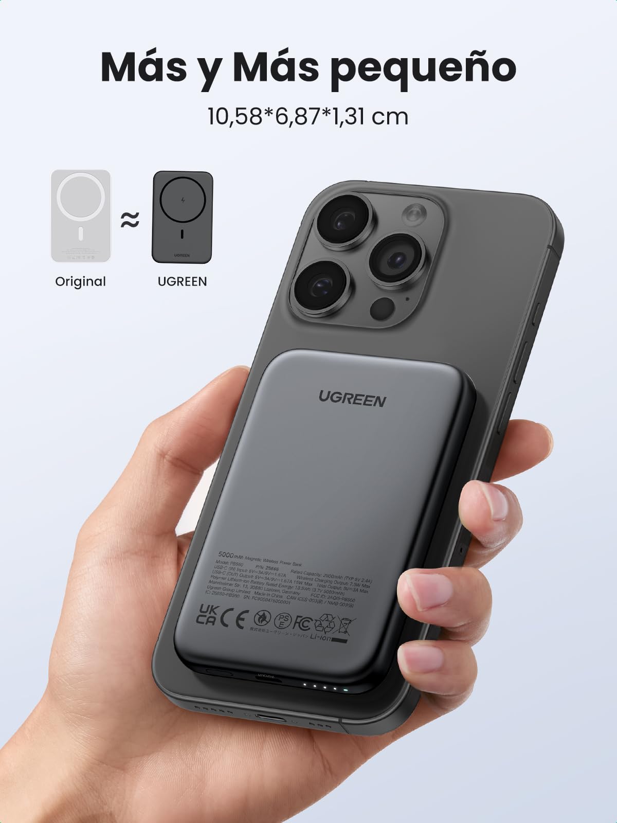 UGREEN 5000mAh Power Bank Inalámbrico 15W, USB C Cargador Portátil Magnético Carga Rápida, Powerbank Batería Externa Compatible con iPhone 16/15/14 Series, Galaxy, Xiaomi, iPad, Negro