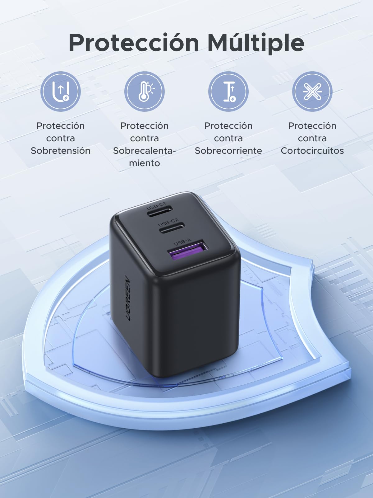 UGREEN 30W GAN Cargador Tipo USB C con 3 Puertos, Cubo de Carga Rápido Pared para Celular, 2C1A Compatible con Galaxy S25/S24, iPhone 16 15 14 Pro MAX, Macbook Air, iPad Pro, Negro