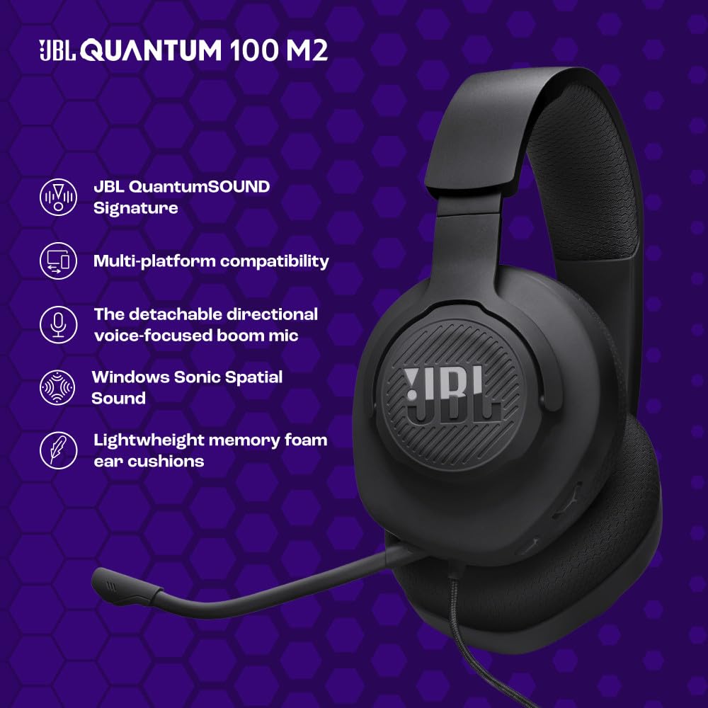 JBL Quantum 100M2 - Audífonos alambricos integrales para Gaming con Cable y micrófono Extraible con opción de silenciar - Negro