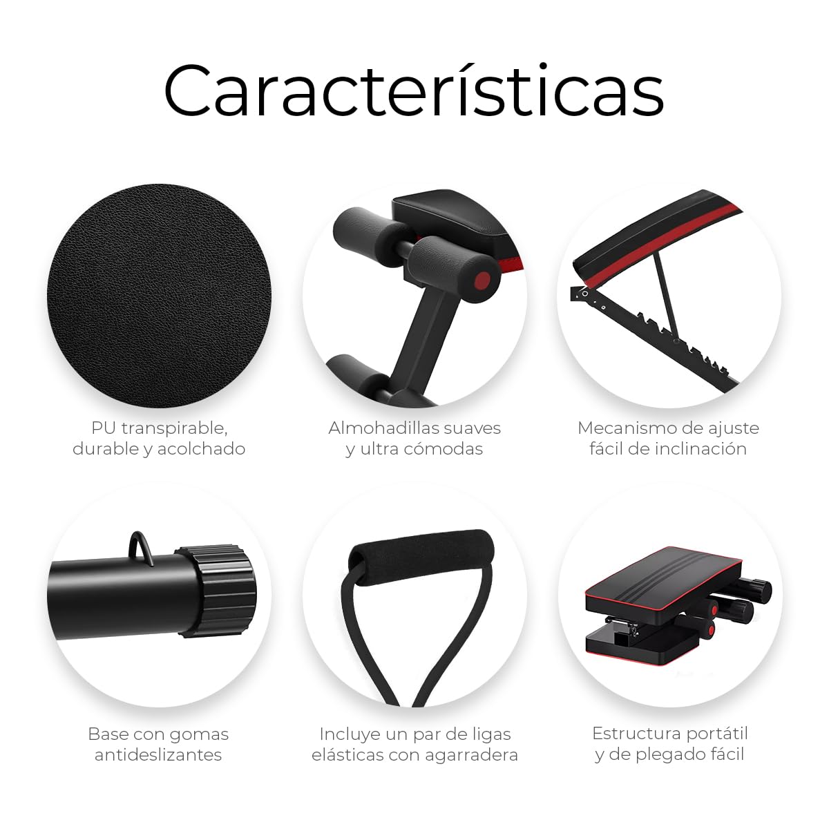Raganet, Banco Fitness Multiposicion, Banco de Abdominales con 2 Ligas Incluidas, Asiento de Pesas Ajustable en 7 Posiciones, Soporta Hasta 250Kg, Negro