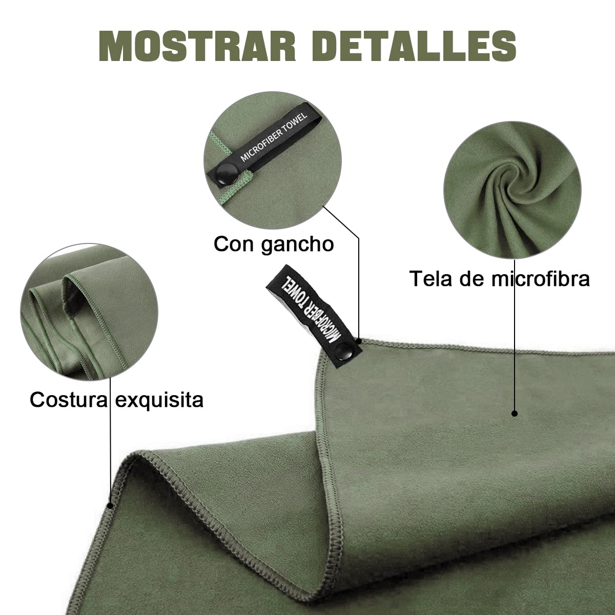 Toalla Deportiva, EASYTAO Toalla Microfibra 3PCS, Toalla Gym Suave y Ligero para Natacion, Deporte, Baño, Viajes, Yoga, Etc, con Una Bolsa, 3 Tallas (76 * 152cm+40 * 80cm+30 * 30cm, Verde Militar)