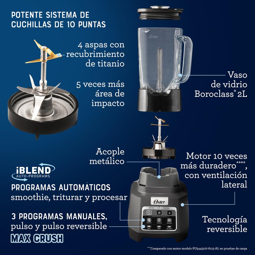 Oster Licuadora Profesional XTREME MIX con iBLEND y MAX CRUSH, 1500 W, 2 L, Jarra de Vidrio Boroclass, Tecnología Reversible, Vaso Blend-N-Go, Gris