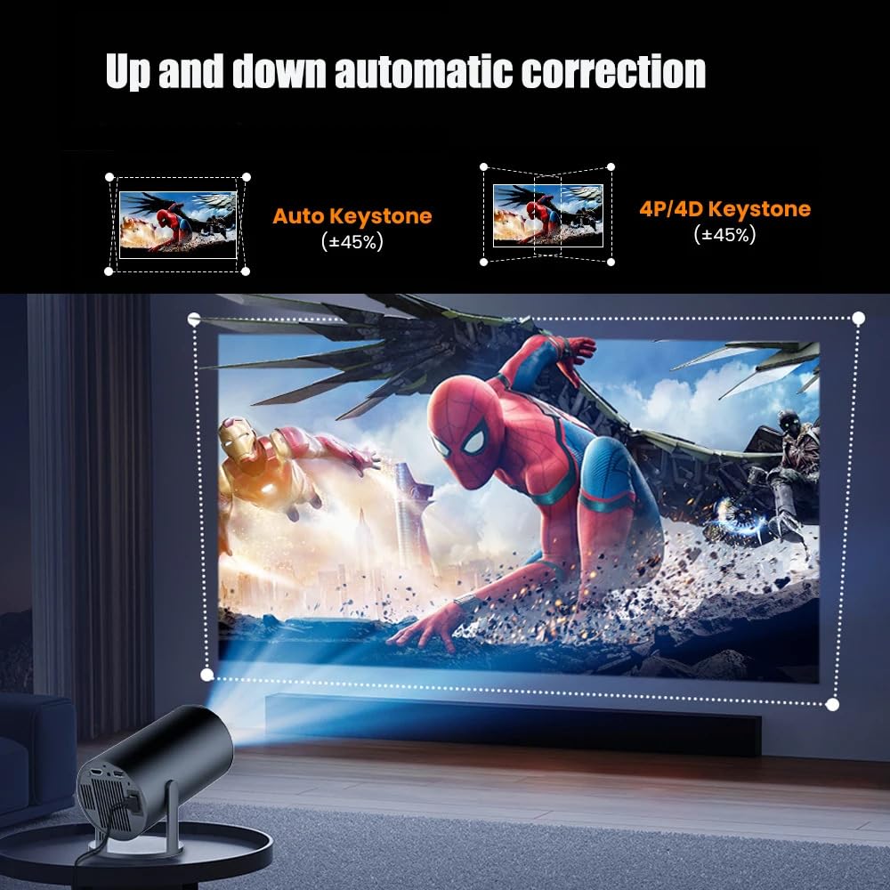 KUNEM Mini Proyector Portátil 4K, 250 ANSI/10000 Lúmenes, WiFi 6 y BT 5.2, Sistema Android 13 Integrado Corrección Trapezoidal Automática Rotación de Imagen 270°, Compatible con HDMI/iOS/Phone/PC/PS.