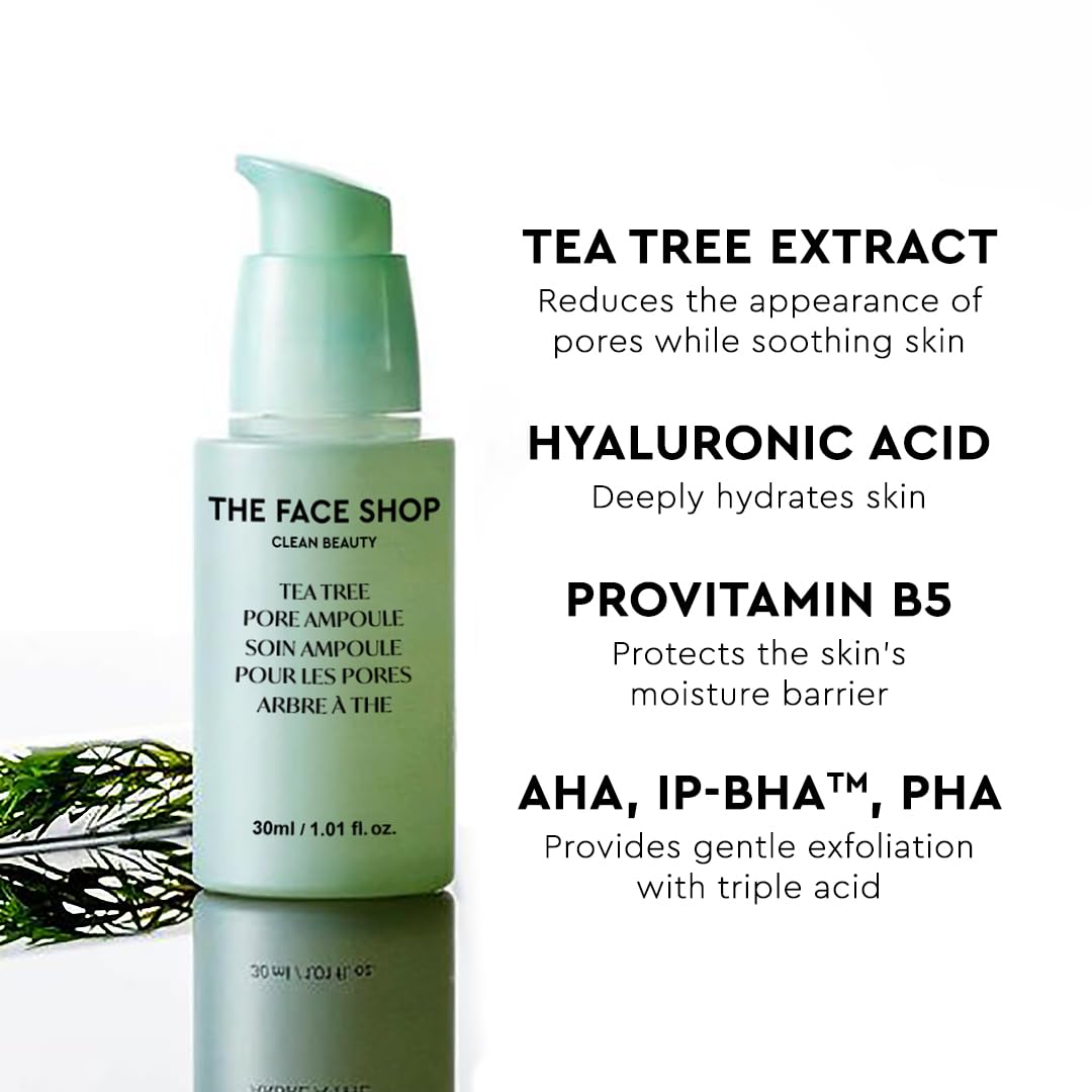 The Face Shop Tea Tree - Ampolleta de Árbol de Té para Poros - Suero purificante con efecto glow y control de grasa - K-beauty coreano original para una piel clara y suave
