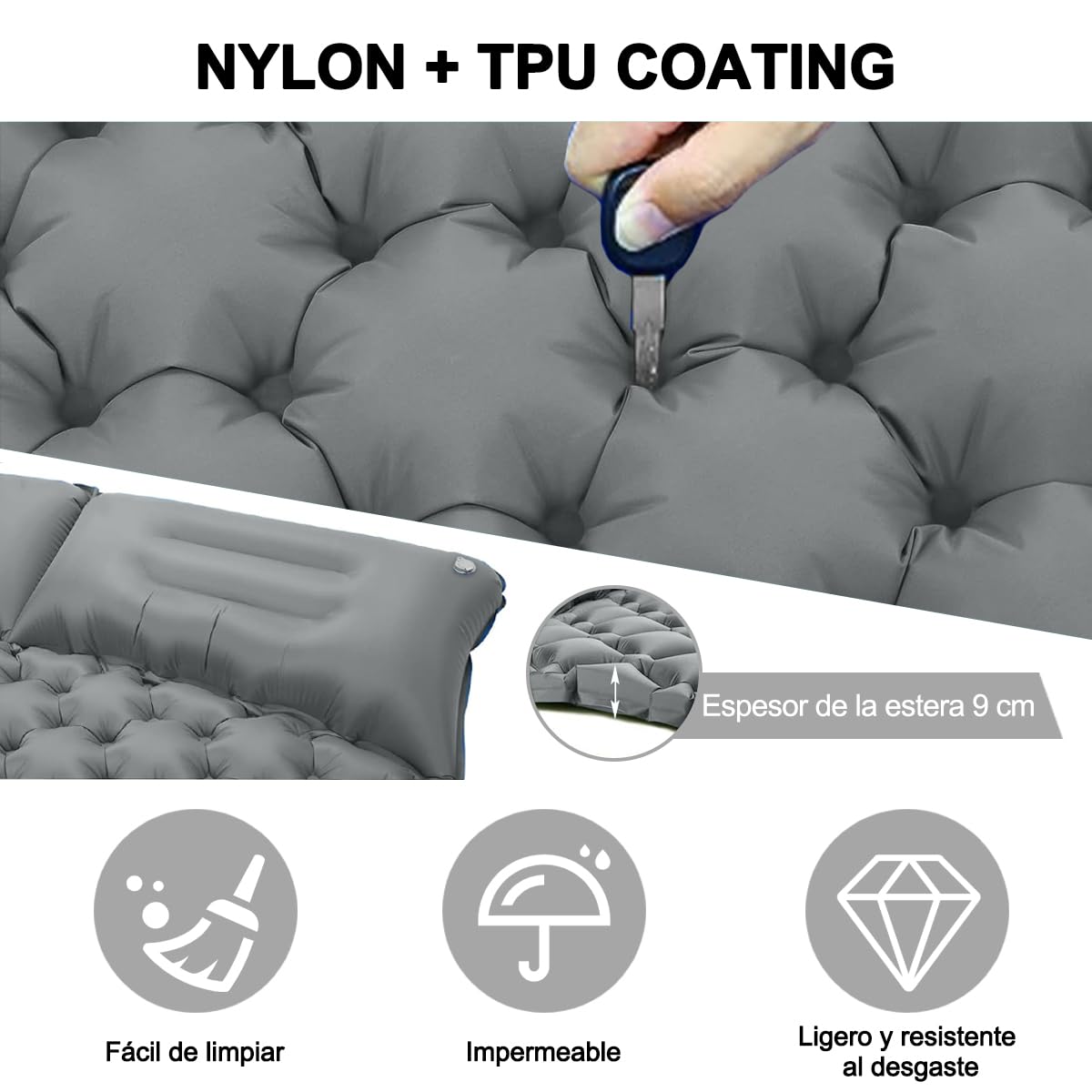 E T EASYTAO Colchoneta Camping Doble Autohinchable con Almohadas (Gris)