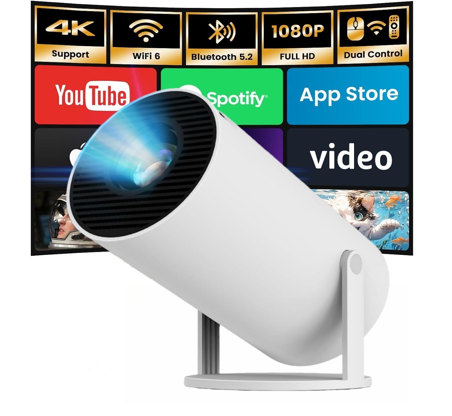 KUNEM Mini Proyector Portátil 4K, 250 ANSI, 10000 Lúmenes, WiFi 6 con Bluetooth 5.2, Proyectores de 270 Grados Flip, Android 13 Sistema Incorporado, Compatible con HDMI/iOS/Phone/PC/PS.