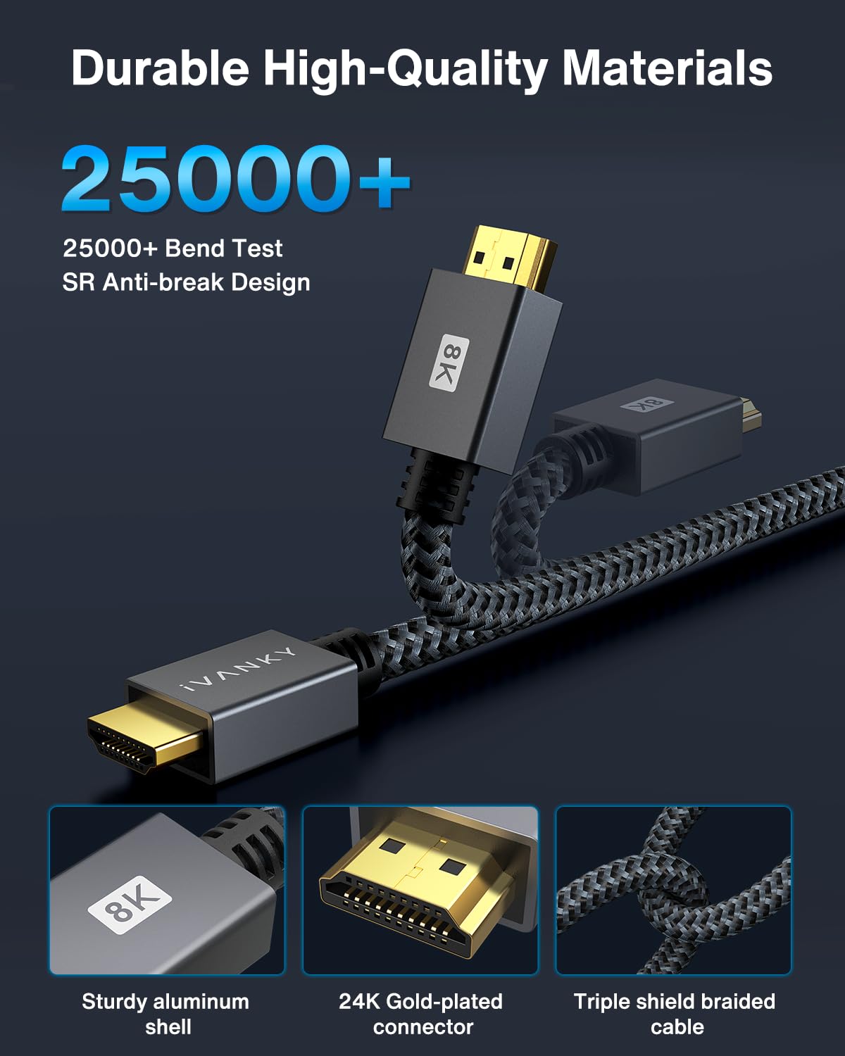 Cable HDMI 2M iVANKY HDMI 2.0 de Ultra Alta Velocidad 18Gbps, 4K@60Hz HDR, ARC, 3D, Alambre de nylon, compatible con MacBook Pro 2021, Xbox Series One/S/X PS3/4/5, Monitor PC TV