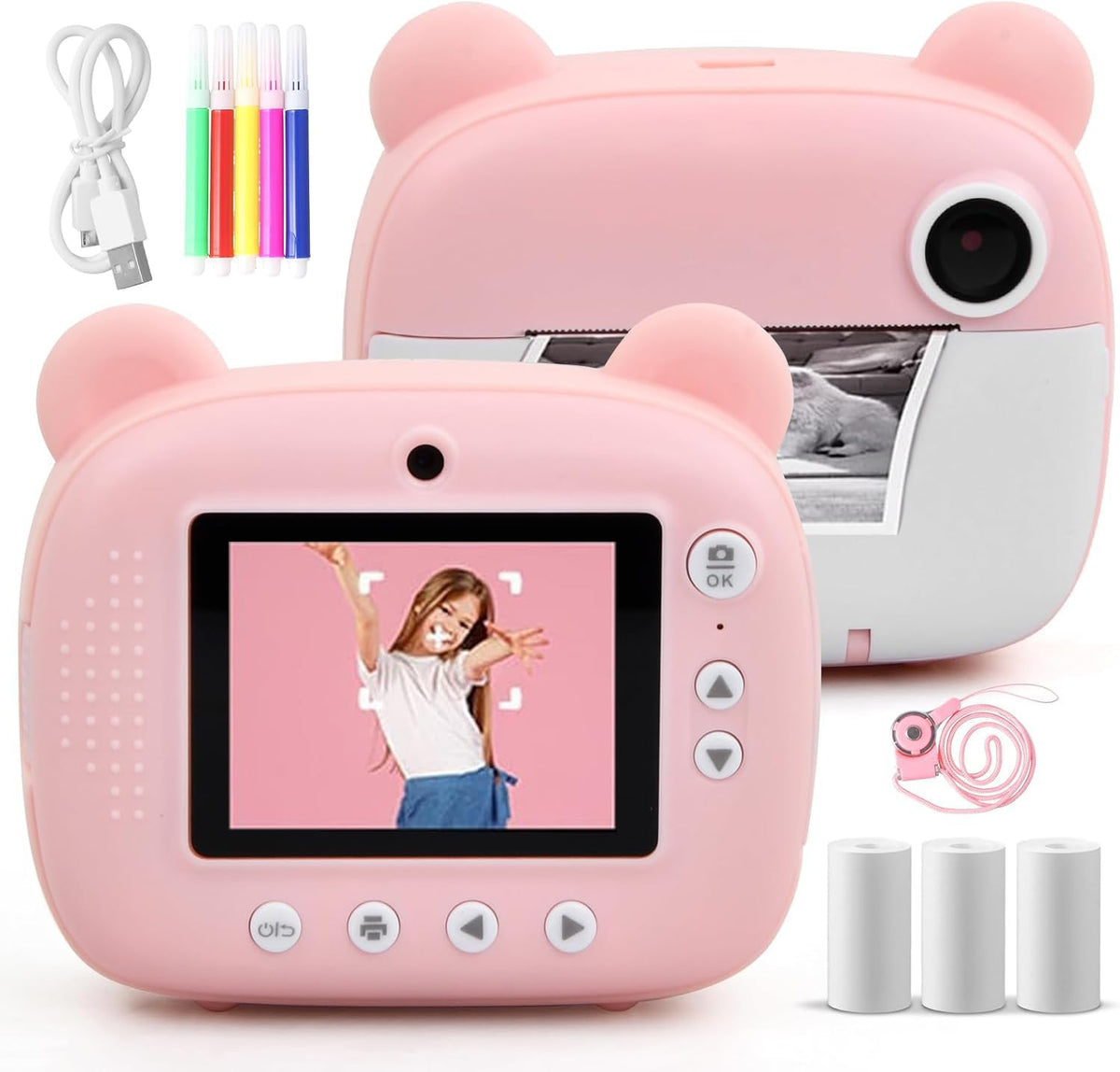 WEAGP Cámara Fotos Infantil, Cámara Instantánea para Niños 1080p HD con 32GB Tarjeta SD y 3 Vols Papel de Impresión, Camara Infantilespara Niñas para Niños y Niñas de 3 a 12 Años (Rosa)