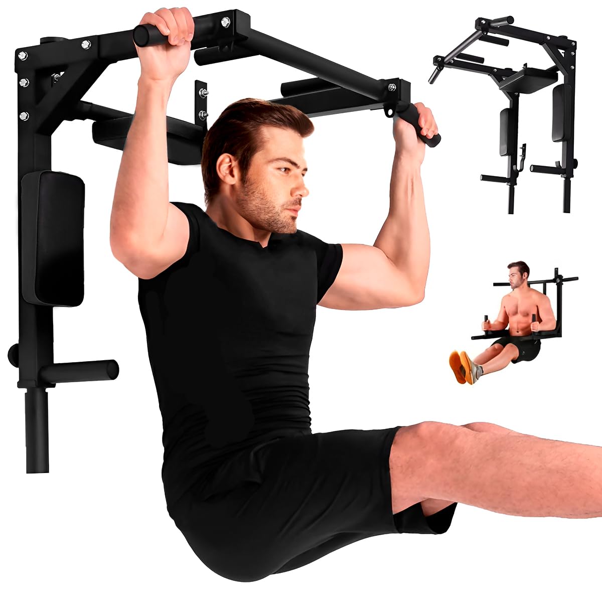 Raganet, Barra de Dominadas, Home Gym 8 Ejercicios En 1, Soporta 400kg, Gimnasio en Casa, Fortalece Espalda Brazos y Mas, para Pared y Piso, Uso Rudo Fácil Instalación (Negro)