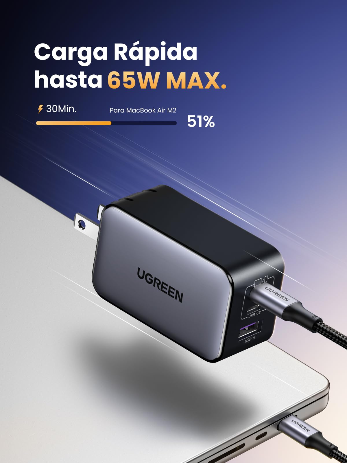 UGREEN Nexode 65W Cargador USB C GAN con 3 Puertos, Phone Charger Plegable y Portátil para Viajar Compatible con MacBook Pro/Air, DELL XPS, iPhone 15 14 Pro, iPad Pro, Galaxy S24, Pixel 7