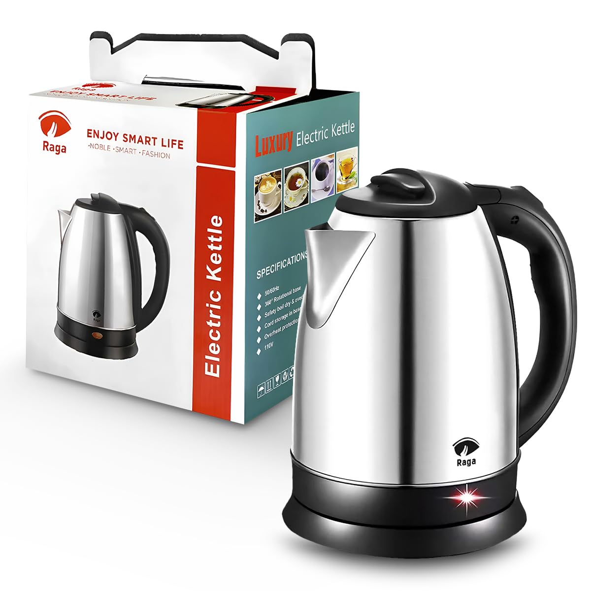 RagaBasics, Tetera Eléctrica de 1.8 Litros, Hervidor de Agua de Acero inoxidable, Apagado Automático 900W