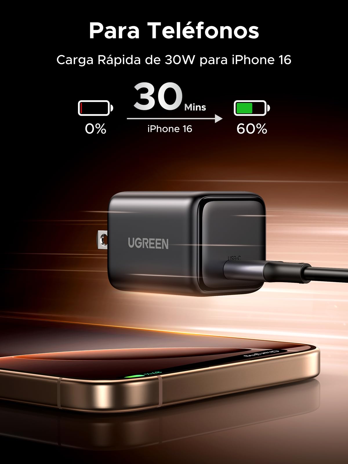 UGREEN 30W Cargador Tipo USB C Carga Rápida, Cubo de Pared para Celular, GAN Material Compatible con Galaxy S25/S24, iPhone 16 15 14 Pro MAX, Macbook Air, iPad Pro, Negro