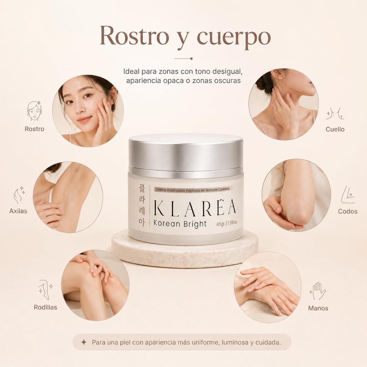 KLARÉA Korean Bright 45g - Crema Aclaradora Cosmética K-Beauty Corea para Manchas, Zonas Oscuras y Tono Desigual - Uso Facial y Corporal para Axilas, Codos, Rodillas, Cuello y Manos