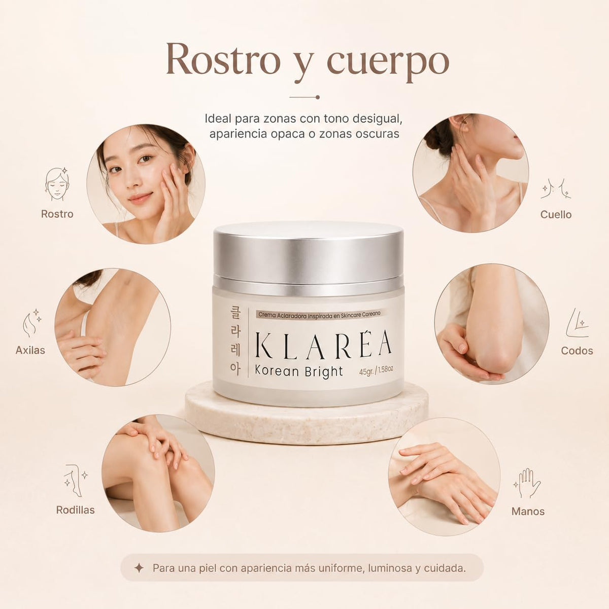 KLARÉA Korean Bright 45g - Crema Aclaradora Cosmética K-Beauty Corea para Manchas, Zonas Oscuras y Tono Desigual - Uso Facial y Corporal para Axilas, Codos, Rodillas, Cuello y Manos