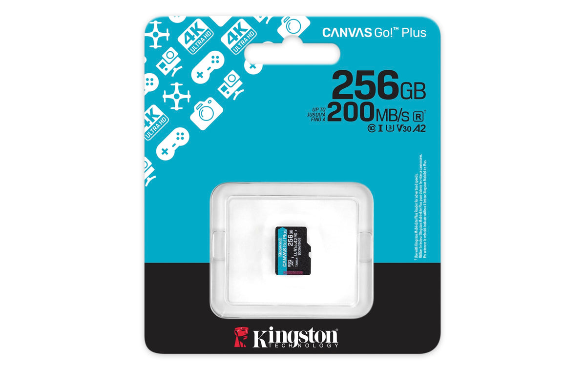 Kingston Tarjeta De Memoria MicroSD, Canvas Go Plus Gen4, Capacidad: 256GB, 4K, Clase 10, UHS-I, U3, V30, A2 Lectura: 200MB/s y Escritura: 160MB/s, sin Adaptador SKU: SDCG4/256GBSP
