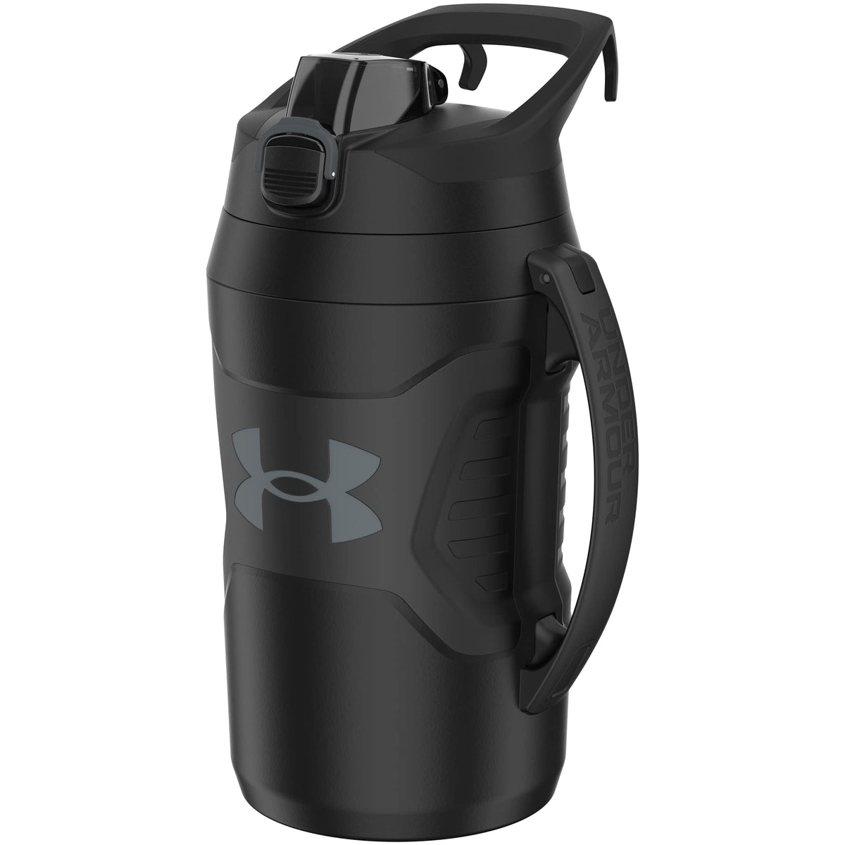 Under Armour Playmaker - Jarra deportiva, botella de agua con asa, aislamiento de espuma y resistente a fugas, 64 onzas, negro/negro