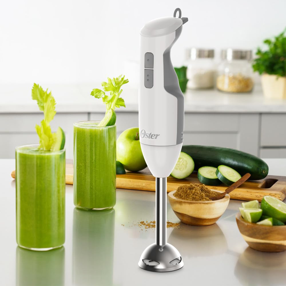Oster® Batidora de inmersión blanca, con función turbo y eje de acero inoxidable