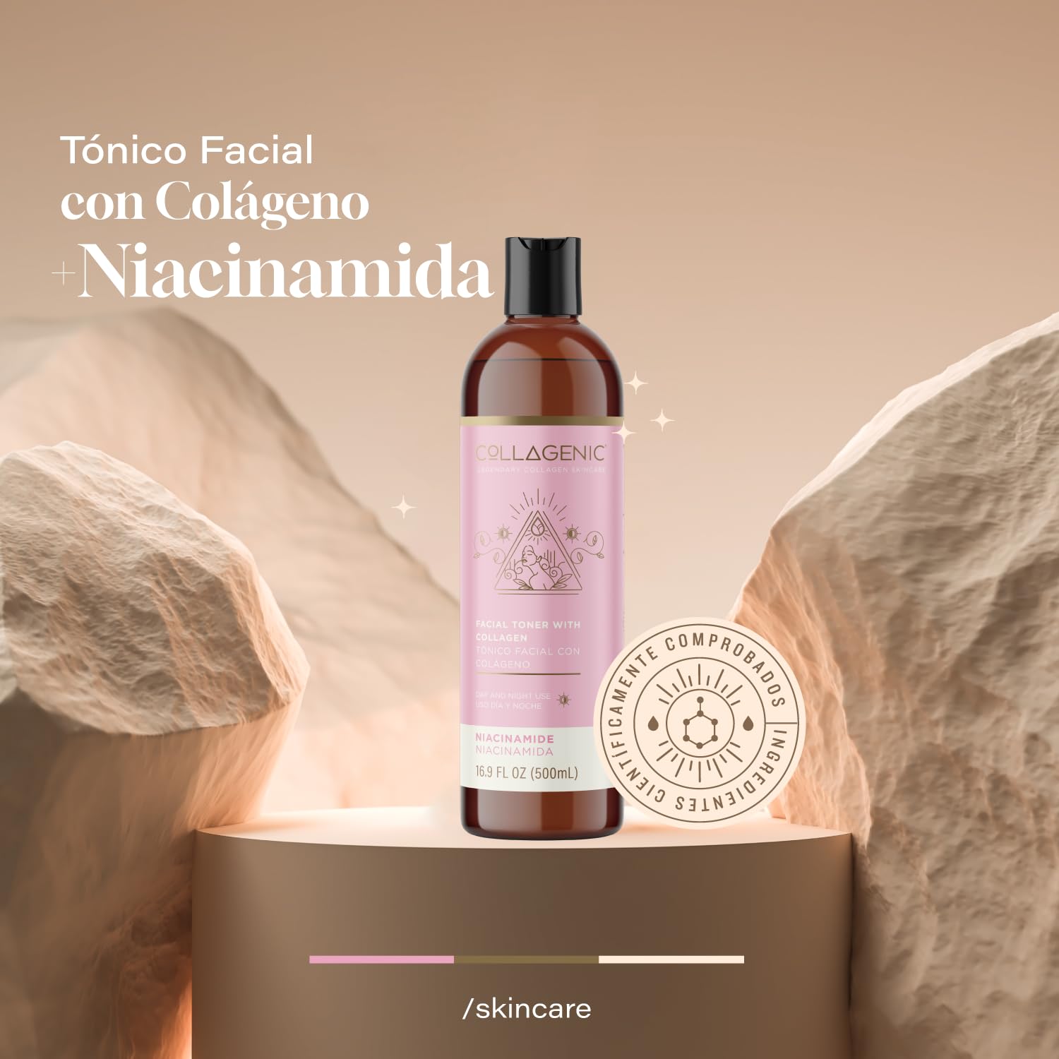 Tonico Facial 500 ml Niacinamida, Colageno Hidrolizado - Collagenic Tónico Facial Hidratante Limpiador de Poros sustituto de agua micelar para el rostro y contorno de ojos