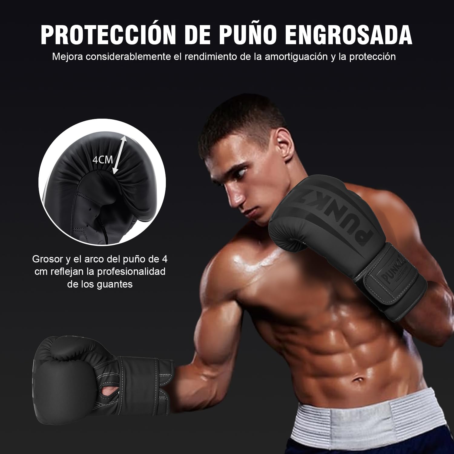 PUNKZZ Guantes de Boxeo 8-18oz,Guantes de Entrenamiento para Hombres y Mujeres, Protector Bucal Incluido, Absorción de Impactos, MMA (Negro, 12oz)
