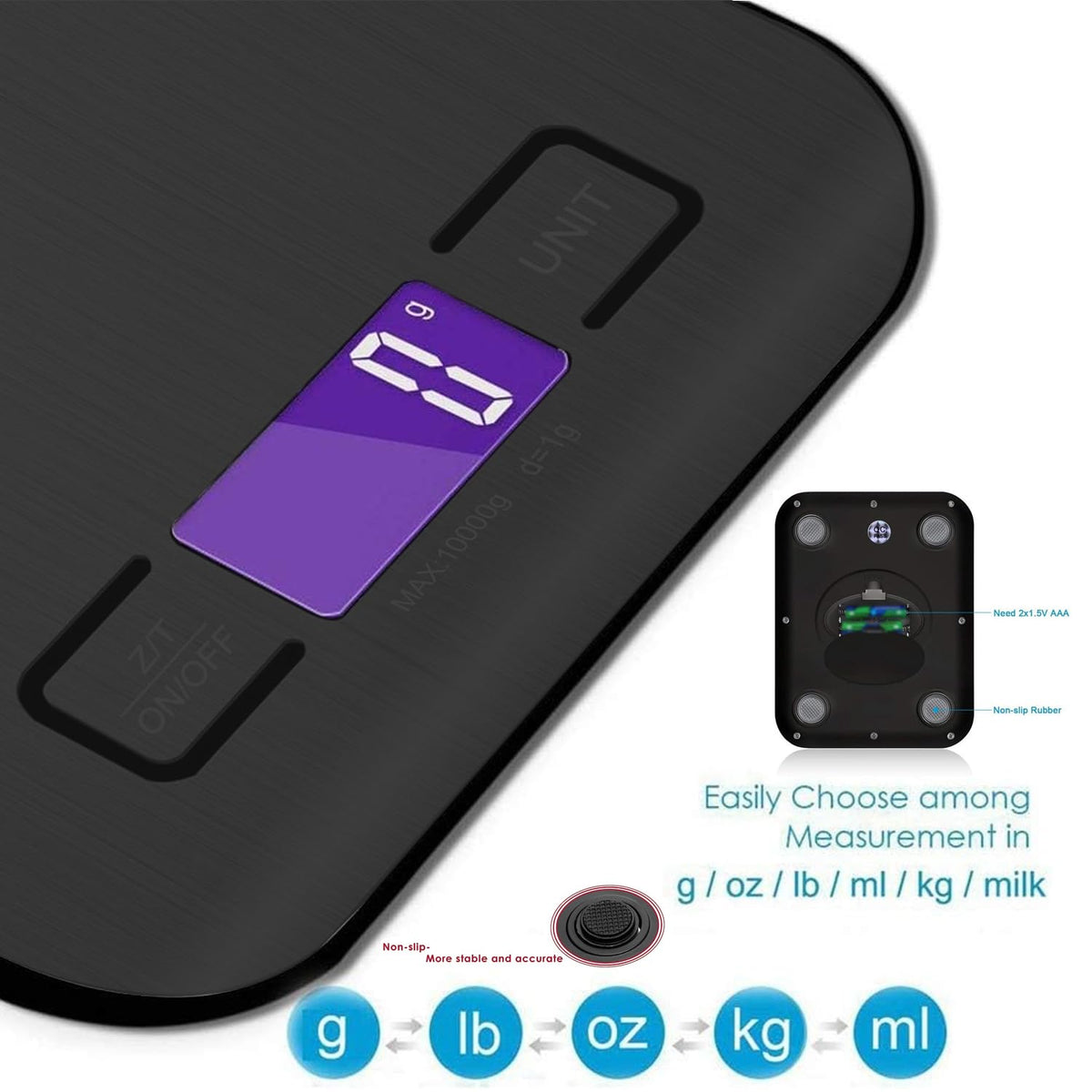 ZENSUKYE 10kg/1g Báscula de Cocina Peso Cocina Digital USB Recargable Balanza de Alimentos de Alta Precisión con Pantalla LCD y Funcion Tara
