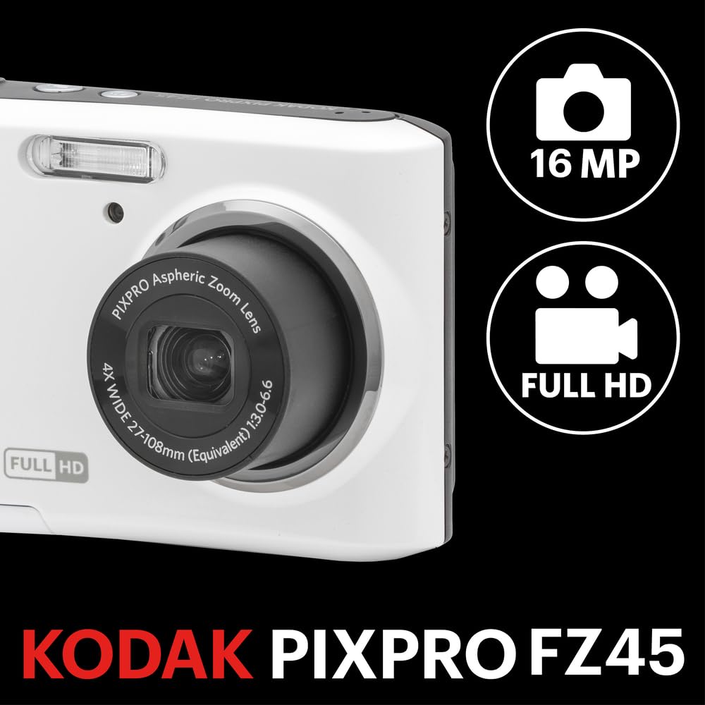 Kodak PIXPRO FZ45-WH - Cámara Digital de 16 MP, Zoom óptico de 27 mm, Gran Angular, 1080P, Full HD, Video, 2,7 Pulgadas, cámara de vlogging LCD (Blanco)