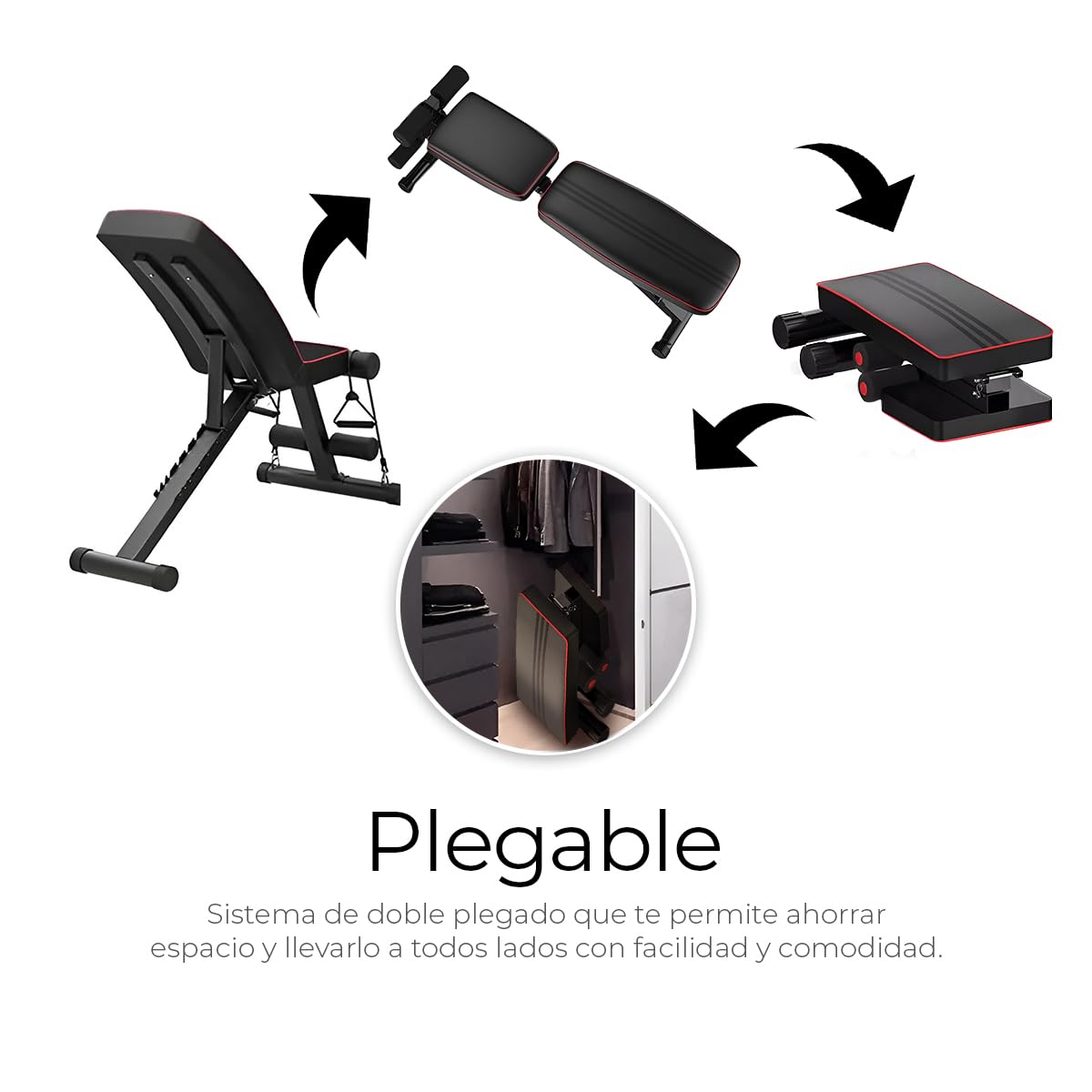 Raganet, Banco Fitness Multiposicion, Banco de Abdominales con 2 Ligas Incluidas, Asiento de Pesas Ajustable en 7 Posiciones, Soporta Hasta 250Kg, Negro