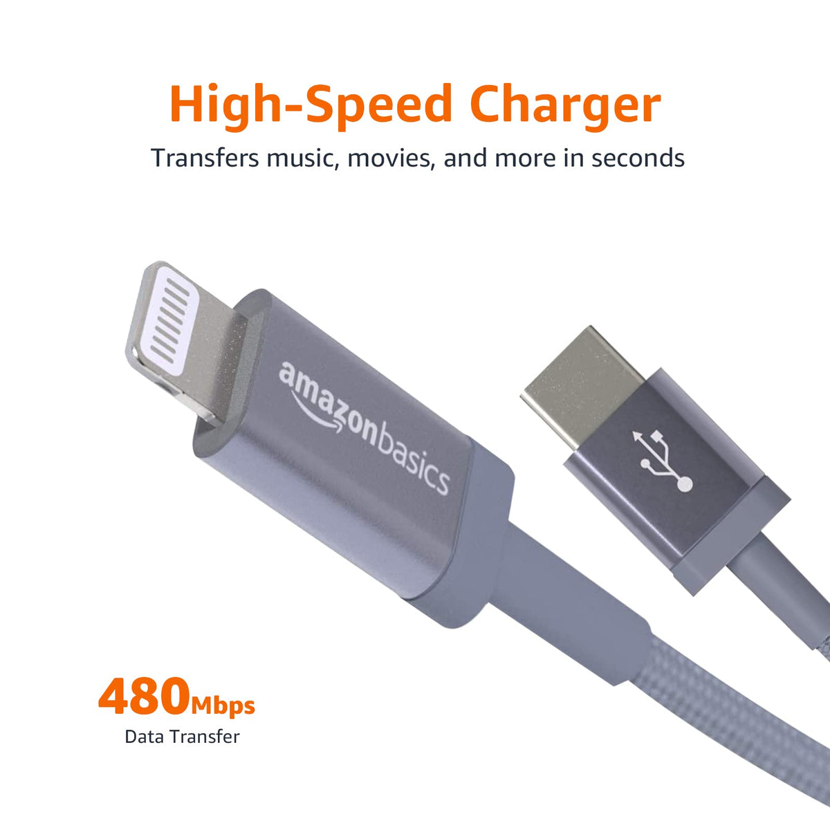Amazon Basics - Cable de nailon trenzado USB-C a Lightning, cargador certificado MFi para iPhone 14 13 12 11 X Xs Pro, Pro Max, Plus, iPad, gris oscuro, 6 pies