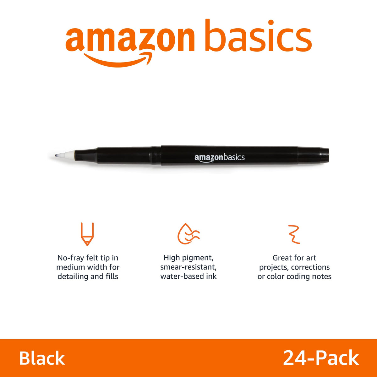 Amazon Basics Felt Tip Marker Pens, Versatile for Writing, Drawing, and Journaling, Black, 24-Pack