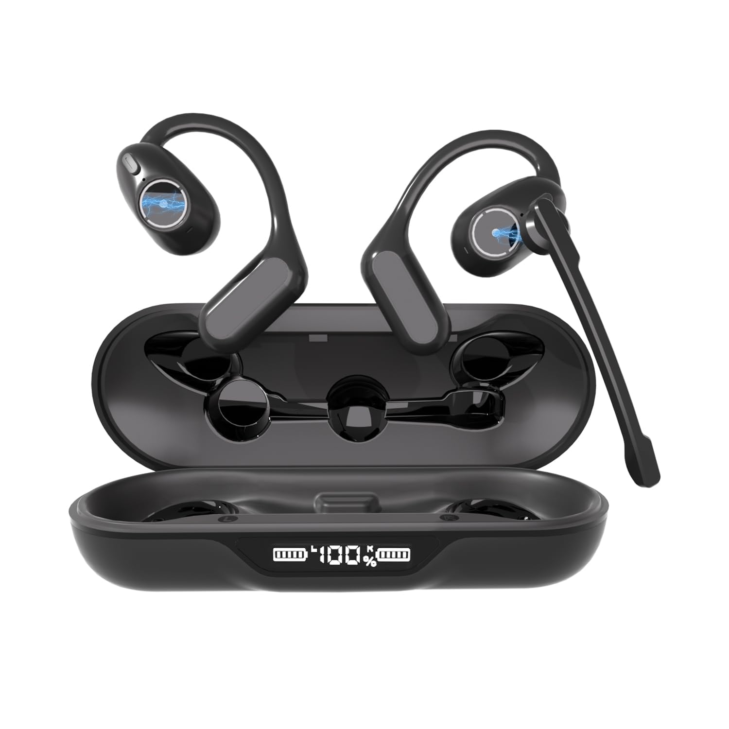 Xuuly Audifonos Oído Abierto con Ganchos con micrófono, Auriculares Bluetooth 5.4 con micrófono de Brazo Desmontable y cancelación de Ruido, inalámbricos con Estuche de Carga