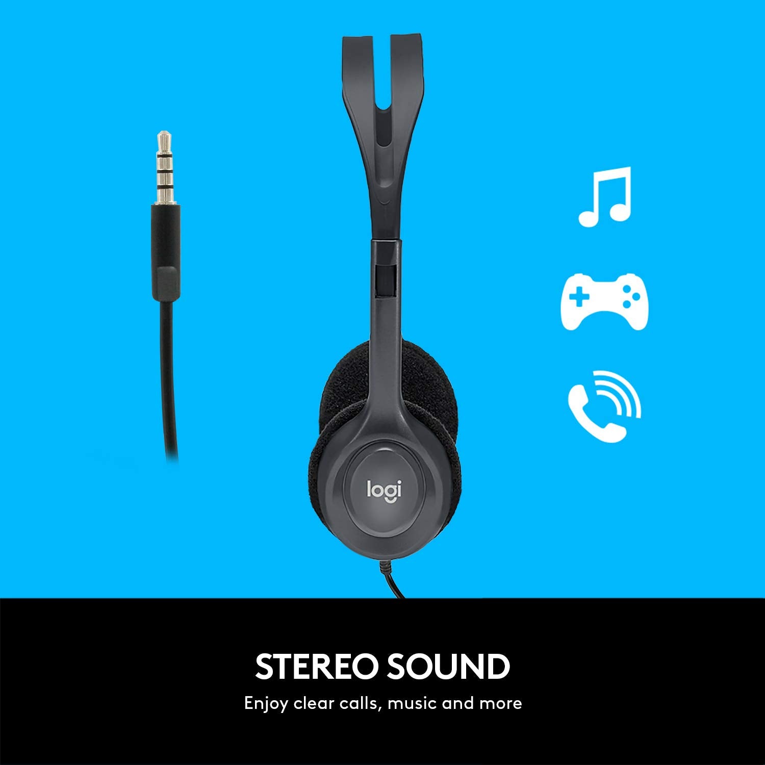 Logitech H111 Diadema con Cable, Sonido Estéreo con Micrófono Giratorio, Jack 3,5mm, PC/Mac/Portátil/Smartphone/Tablet - Negro