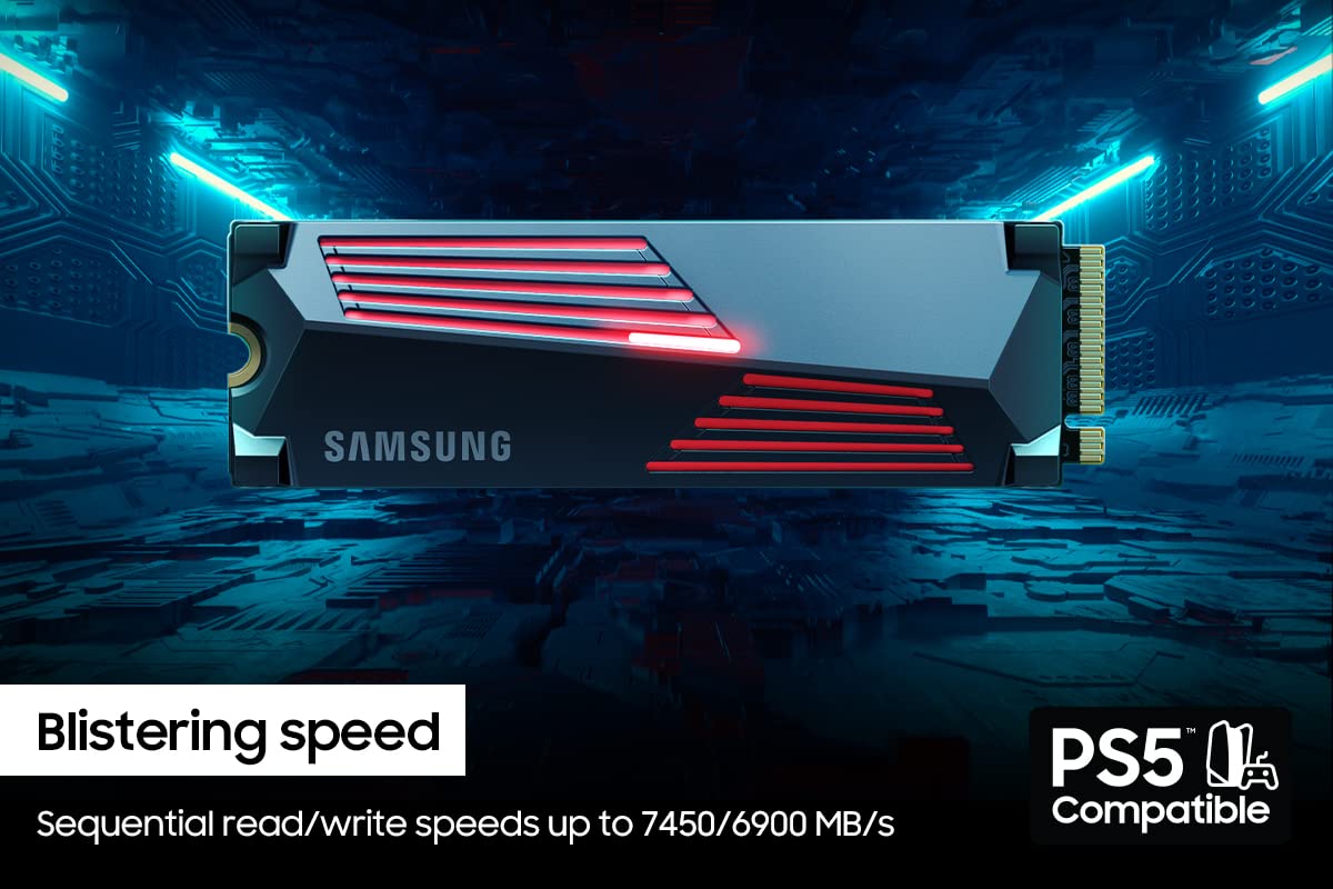 SAMSUNG 990 PRO con disipador de calor SSD de 2 TB, PCIe Gen4 M.2 2280 Disco duro interno de estado sólido, Seq. Velocidades de lectura de hasta 7,450 MB/s para computación de alta gama, estaciones de