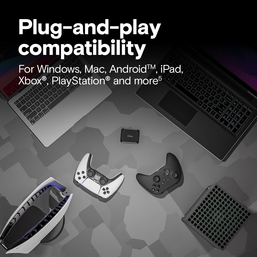 Crucial X9 SSD portátil de 1 TB, hasta 1050 MB/s, USB 3.2 USB-C, Unidad Externa de Estado sólido, Compatible con Windows, Mac y Android, Almacenamiento confiable para Juegos, Archivos y copias de