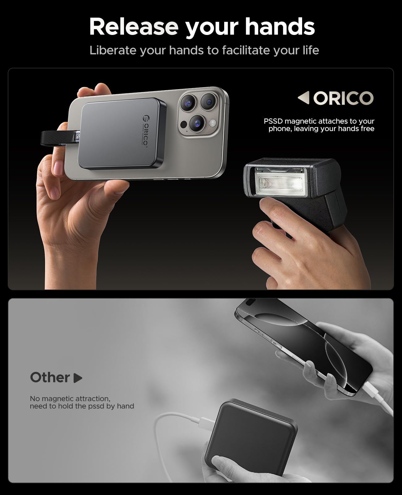 ORICO 512 GB SSD magnético, Carga PD100W, 4K ProRes HDR, 1000MB/s USB 3.2, Unidad Externa portátil para iPhone 16/15, portátiles, tabletas, aleación de Aluminio, Resistente a caídas - K10