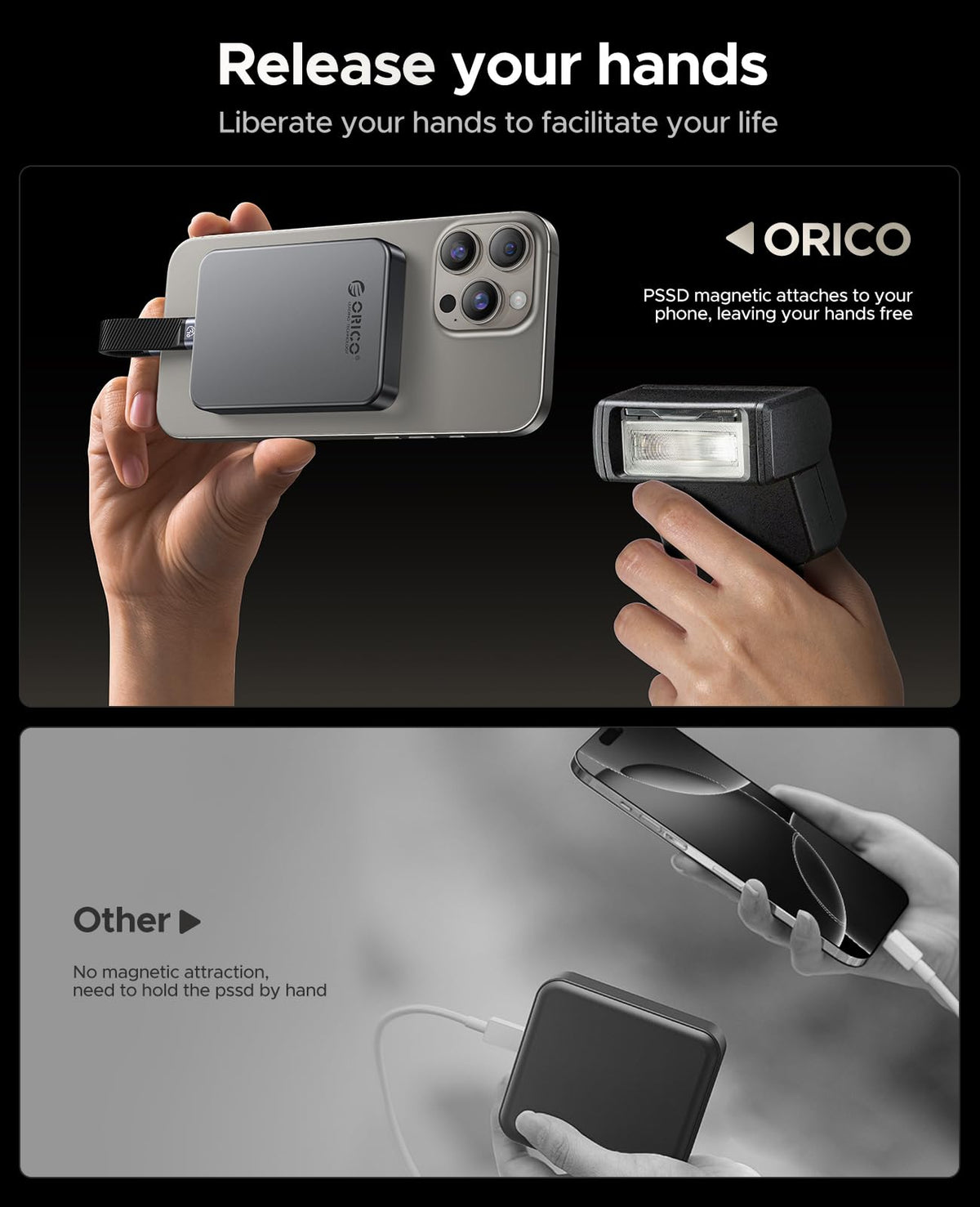 ORICO 512 GB SSD magnético, Carga PD100W, 4K ProRes HDR, 1000MB/s USB 3.2, Unidad Externa portátil para iPhone 16/15, portátiles, tabletas, aleación de Aluminio, Resistente a caídas - K10