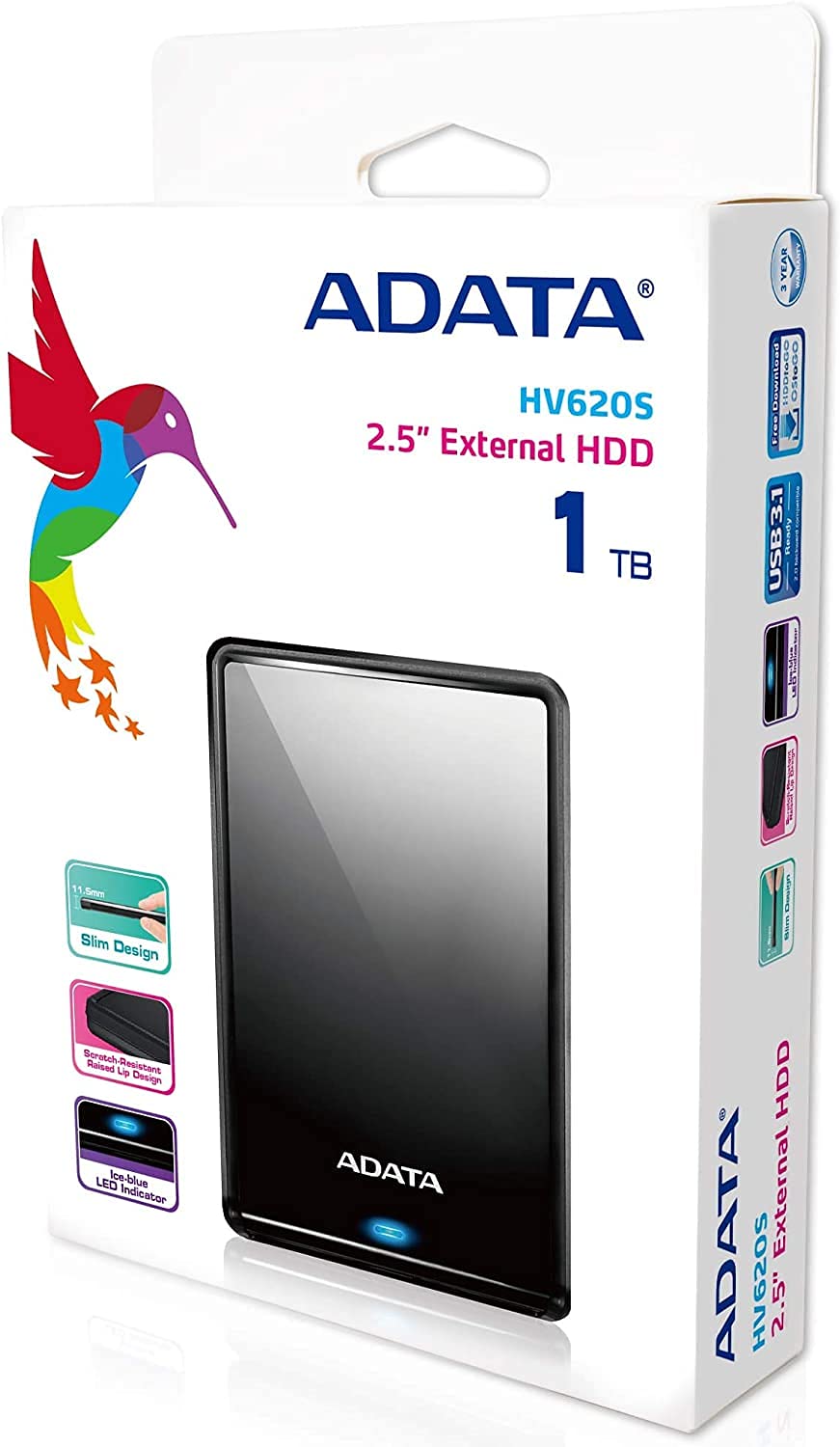 ADATA Disco Duro Externo HDD HV620S, 1 TB, Negro, USB 3.1, Ultra Delgado