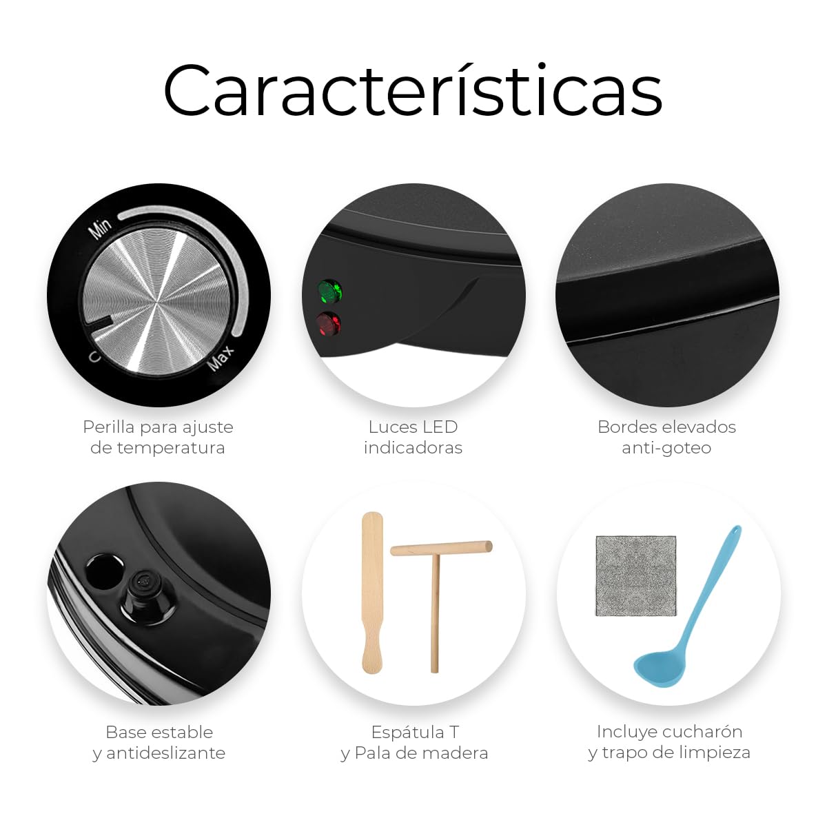 Raganet, Crepera Eléctrica de 30cm (12 Pulgadas),con Indicador de Luces Led, Plancha Antiadherente y Temperatura Ajustable, Incluye Accesorios para Esparcir, Voltear, Cucharon y un Trapo.