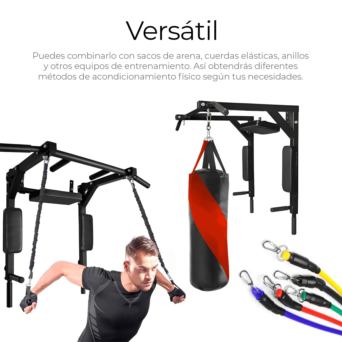 Raganet, Barra de Dominadas, Home Gym 8 Ejercicios En 1, Soporta 400kg, Gimnasio en Casa, Fortalece Espalda Brazos y Mas, para Pared y Piso, Uso Rudo Fácil Instalación (Negro)