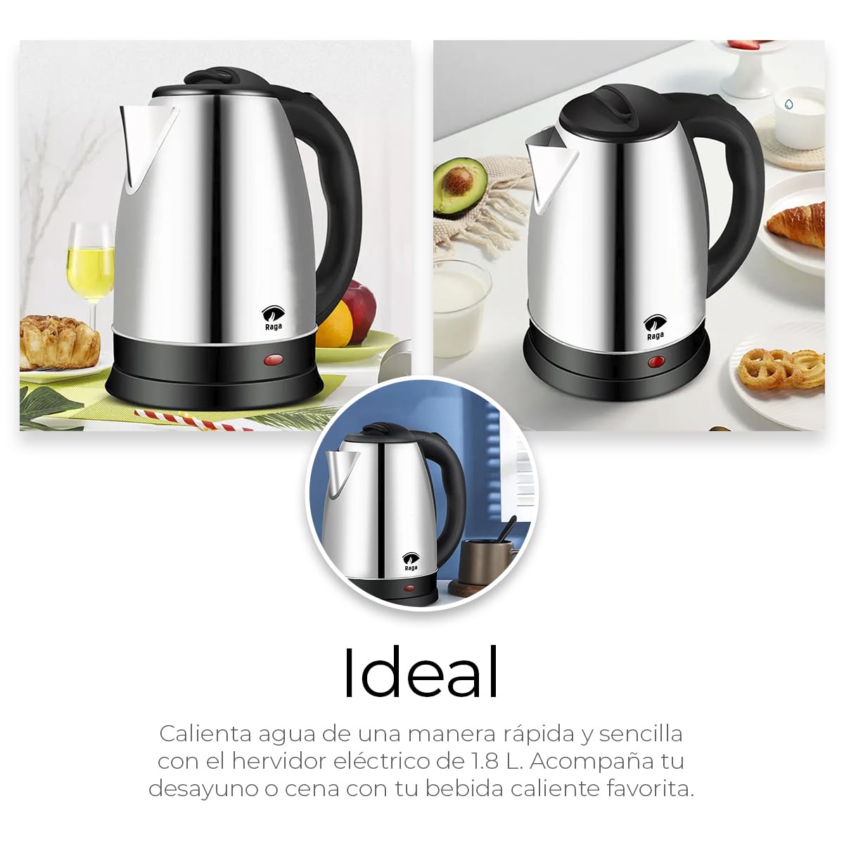 RagaBasics, Tetera Eléctrica de 1.8 Litros, Hervidor de Agua de Acero inoxidable, Apagado Automático 900W