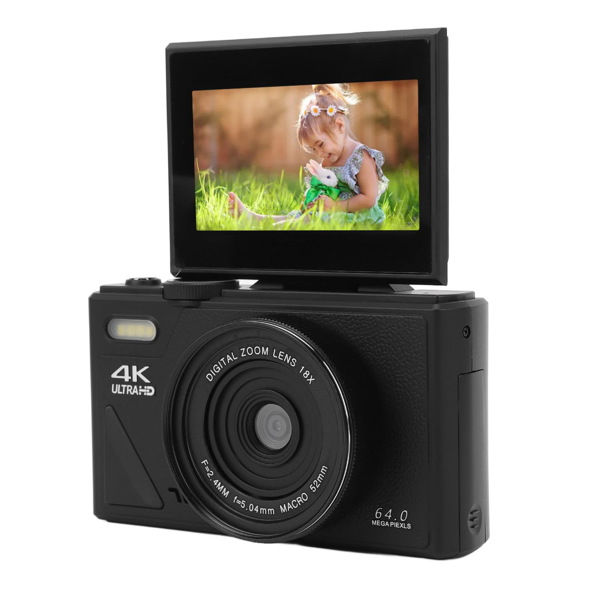 Cámara Digital 4K, Cámara de Vlogging 4K UHD de 64MP con Zoom de 18X, Cámara Digital Retro con Enfoque Automático y Pantalla Abatible de 3 Pulgadas para Principiantes, (Black)