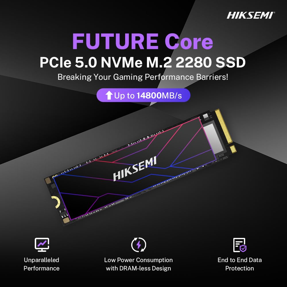 HIKSEMI Future Core SSD 2TB, PCIe 5.0x4 NVMe M.2 2280, Velocidad de Lectura: 14,800 MB/s, Ideal para computación AI, Gaming y Estaciones de Trabajo de Alto Rendimiento.