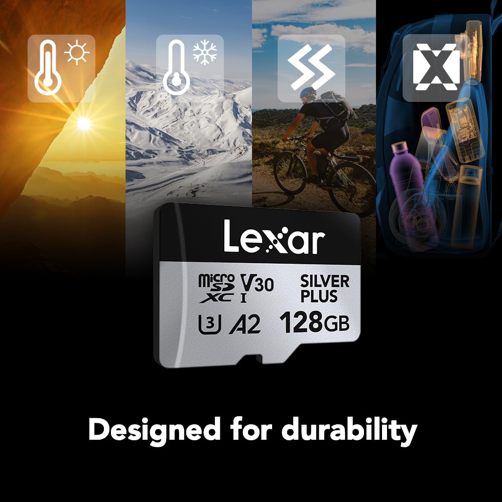 Lexar - Tarjeta de Memoria microSDXC Profesional Silver Plus de 128 GB, UHS-I, C10, U3, V30, Full-HD y 4K Video, hasta 205/150 MB/s de Lectura/Escritura, para videógrafos, Jugadores