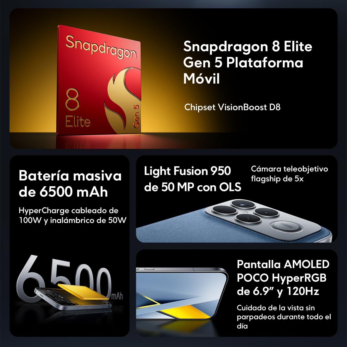 XIAOMI Celular Poco F8 Ultra 5G, Pantalla AMOLED HyperRGB 6.9" 120Hz, Procesador Snapdragon 8 Elite Gen 5, Batería 6500mAh(typ),Cámara Triple 50MP (Negro, 512, GB, GB, 16)