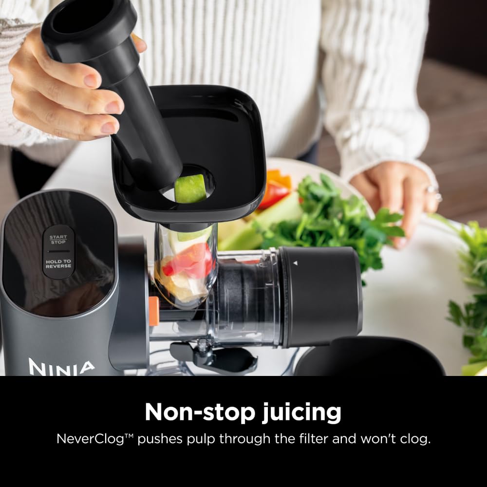 Ninja, Extractor de Jugos Prensado en Frio, Tecnologia Neverclog y Antigoteo, 2 Filtros, 2 Programas, Jarra y Contenedor de Pulpa (Reacondicionado)