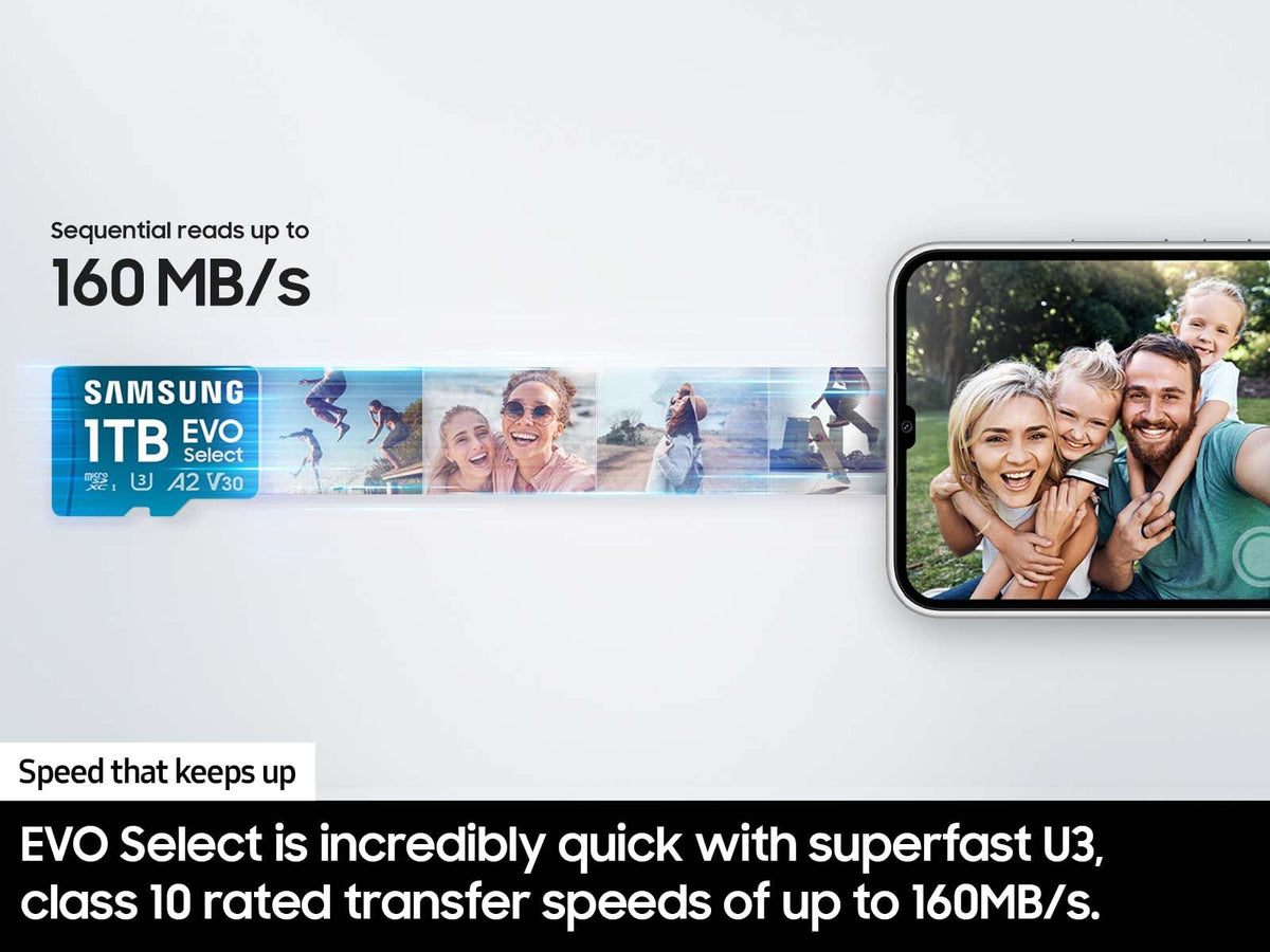 SAMSUNG EVO Select microSDMemory Card + Adaptador, 1 TB microSDXC, hasta 160 MB/s, 4K UHD, UHS-I, C10, U3, V30, A2, para teléfono Celular, Smartphones, Nintendo-Switch y tabletas (MB-ME1T0SA/AM)