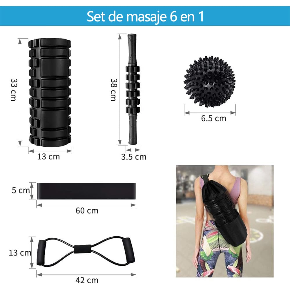 Rodillo de Espuma 6 en 1 Kit Masajeador Negro