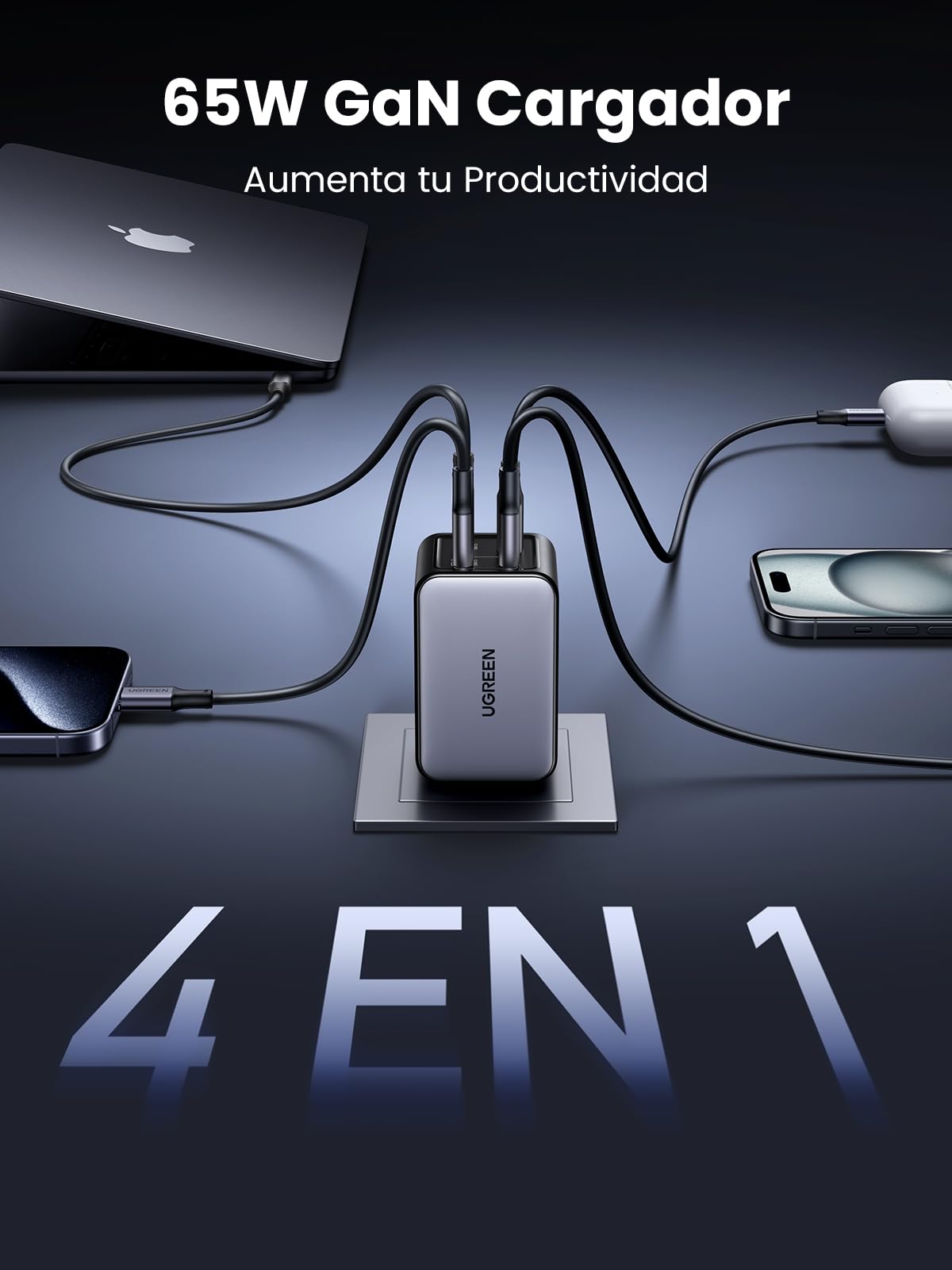 UGREEN Nexode X5 65W Cargador 4 Puertos USB C y USB A, GAN Carga Rápido Compatible con iPhone 16/15/14, Galaxy S25/S24, MacBook Pro/Air, iPad Pro/Air, Pixel 8, Steam Deck