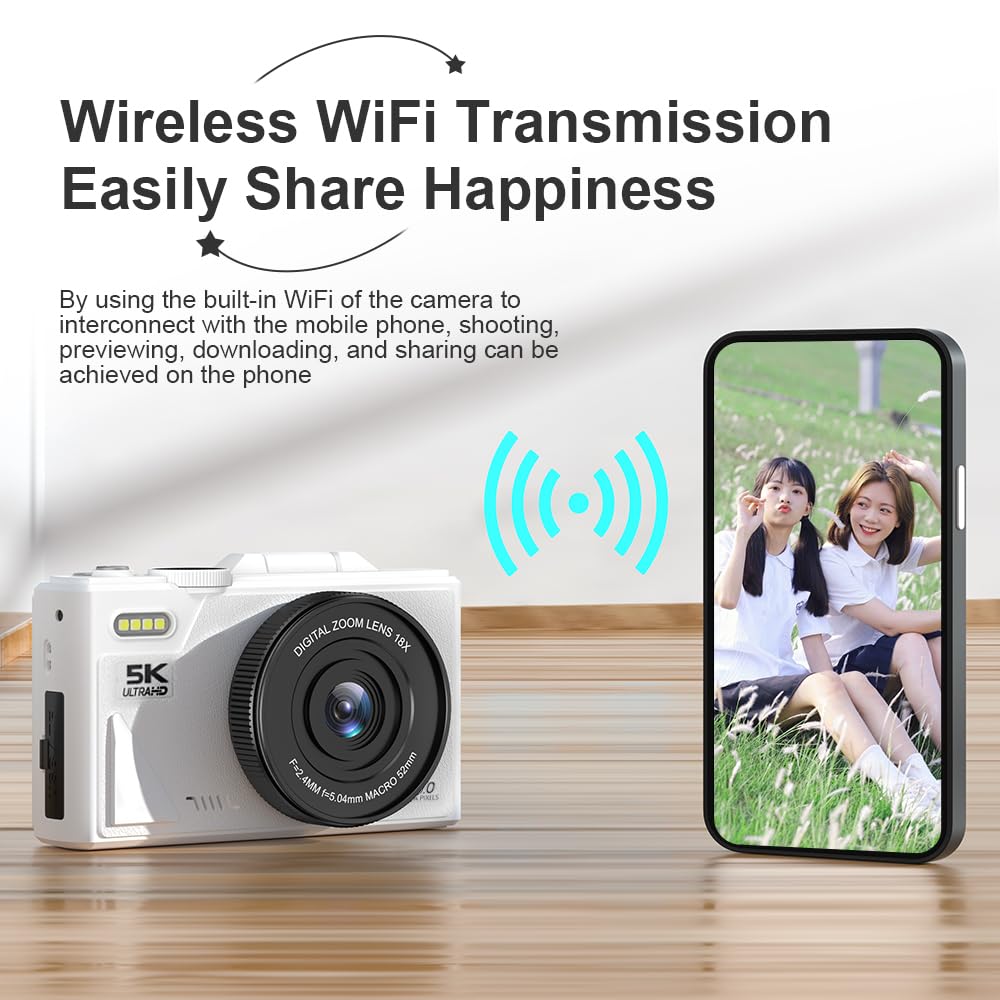 XUMIUZIY Cámara Digital 5K con Zoom Óptico 18X, Cámara Digital Vintage 75MP con Enfoque Automático, Cámara 5k con Pantalla abatible, Vídeo 5K y Detección de Sonrisa (Black) (White)
