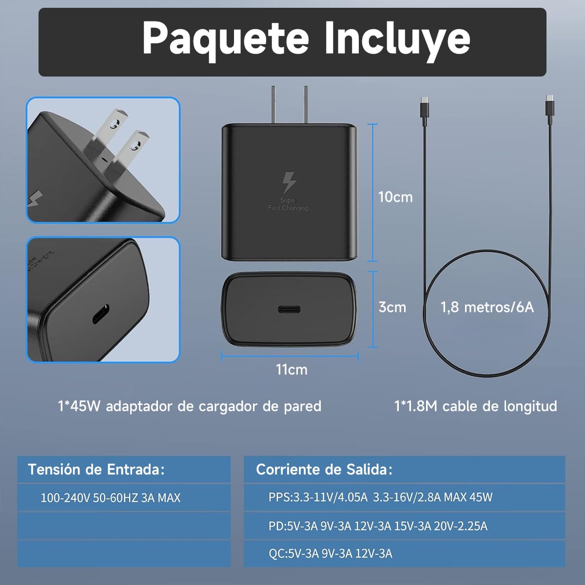 EYNSHOO Cargador Tipo C, Carga Rápida 45W para Cargador Samsung Tipo C, para Galaxy S25 Ultra/S25+/S25/S24 Ultra/S24+/S24/S23 Ultra/S23+/S23/S22+/S22/S21+/Note 10, Galaxy Tab S10/S9/S8, con Cable 1.8m